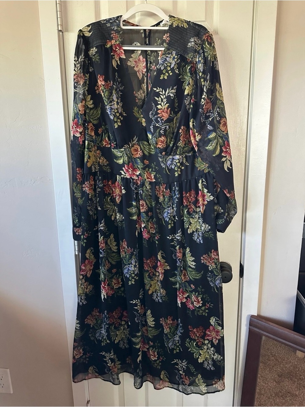 Mango Black Floral Pleated Midi Dress with Multi-Color Print plus size